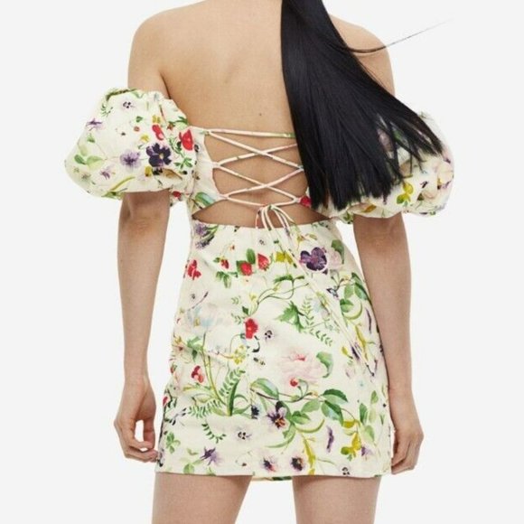 H&M Off-the-shoulder Puff-sleeve Cream Floral Dress - Picture 2 of 8